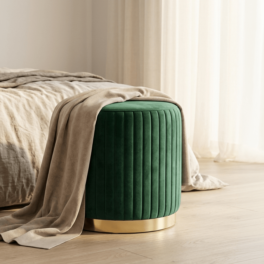 Pouf Verde Esmeralda de Veludo com Riscas em Dourado ANDRIA - Gato Preto