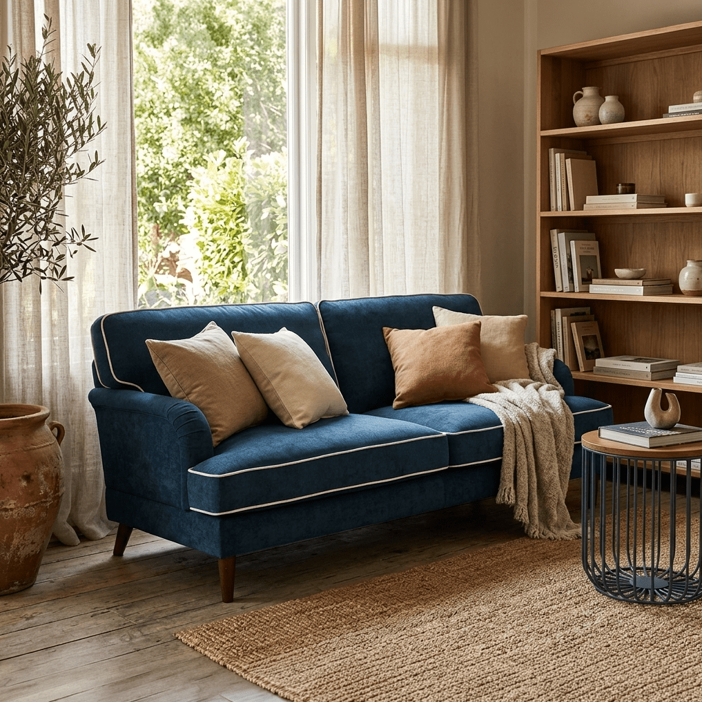 Sofá 3 Lugares Azul Escuro com perfis em Bege SPENCER - Gato Preto