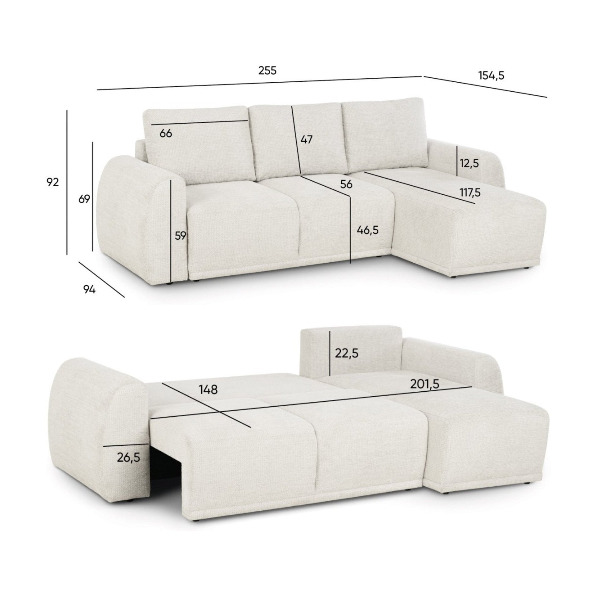 Sofá Cama 3 Lugares com CHL Reversivel STONE - Gato Preto