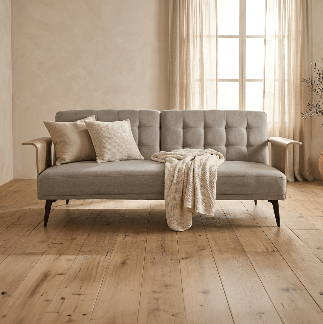 Sofá Cama Bege com Estrutura em Madeira e Sistema Click - Clack MOVE - Gato Preto