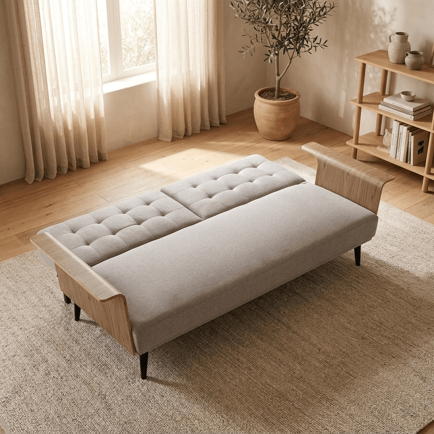 Sofá Cama Bege com Estrutura em Madeira e Sistema Click - Clack MOVE - Gato Preto