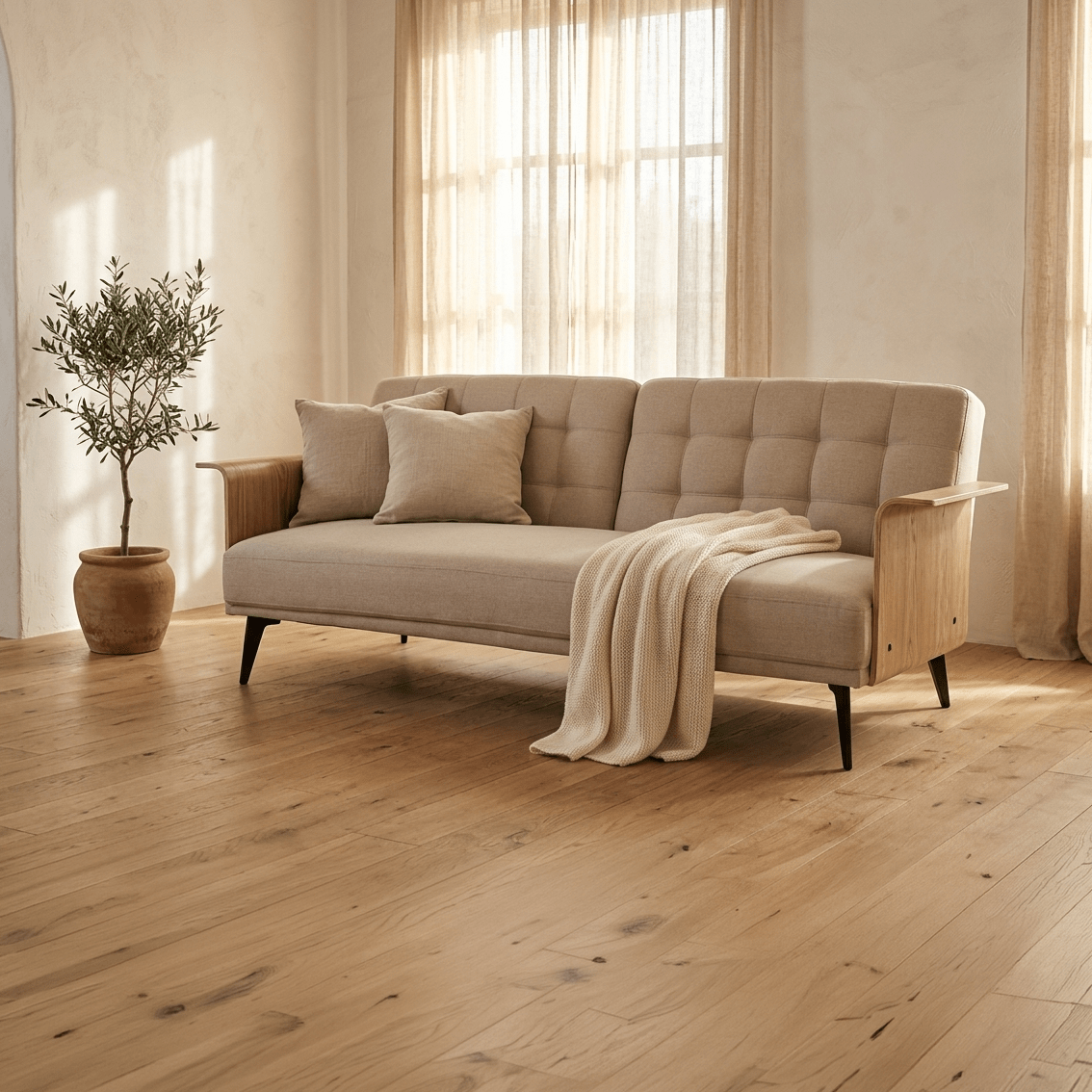 Sofá Cama Bege com Estrutura em Madeira e Sistema Click - Clack MOVE - Gato Preto