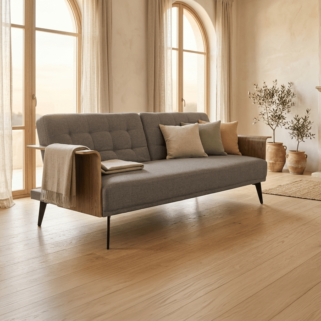 Sofá Cama Cinza com Estrutura em Madeira e Sistema Click - Clack MOVE - Gato Preto