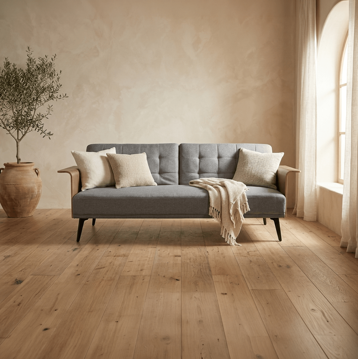 Sofá Cama Cinza com Estrutura em Madeira e Sistema Click - Clack MOVE - Gato Preto