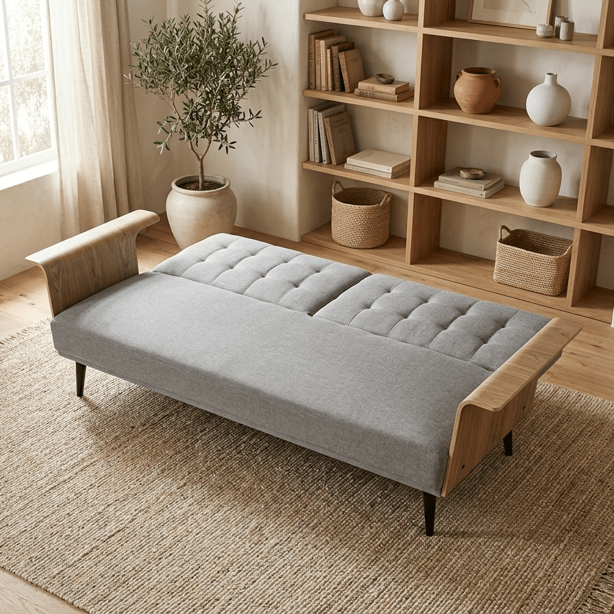 Sofá Cama Cinza com Estrutura em Madeira e Sistema Click - Clack MOVE - Gato Preto