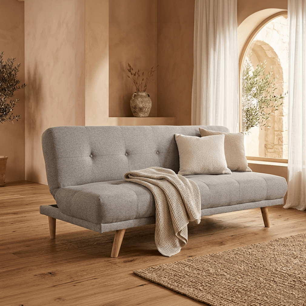 Sofá Cama Cinza com Sistema Click - Clack MOVE - Gato Preto