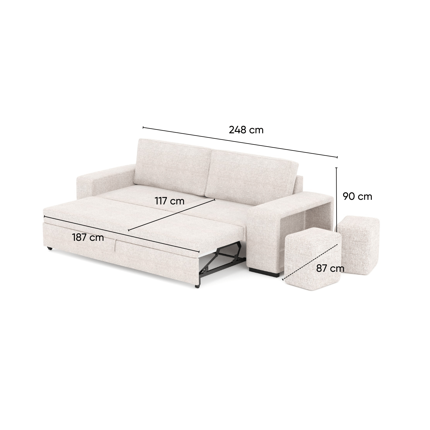 Sofá cama com 2 pufes bege AVERY - Gato Preto