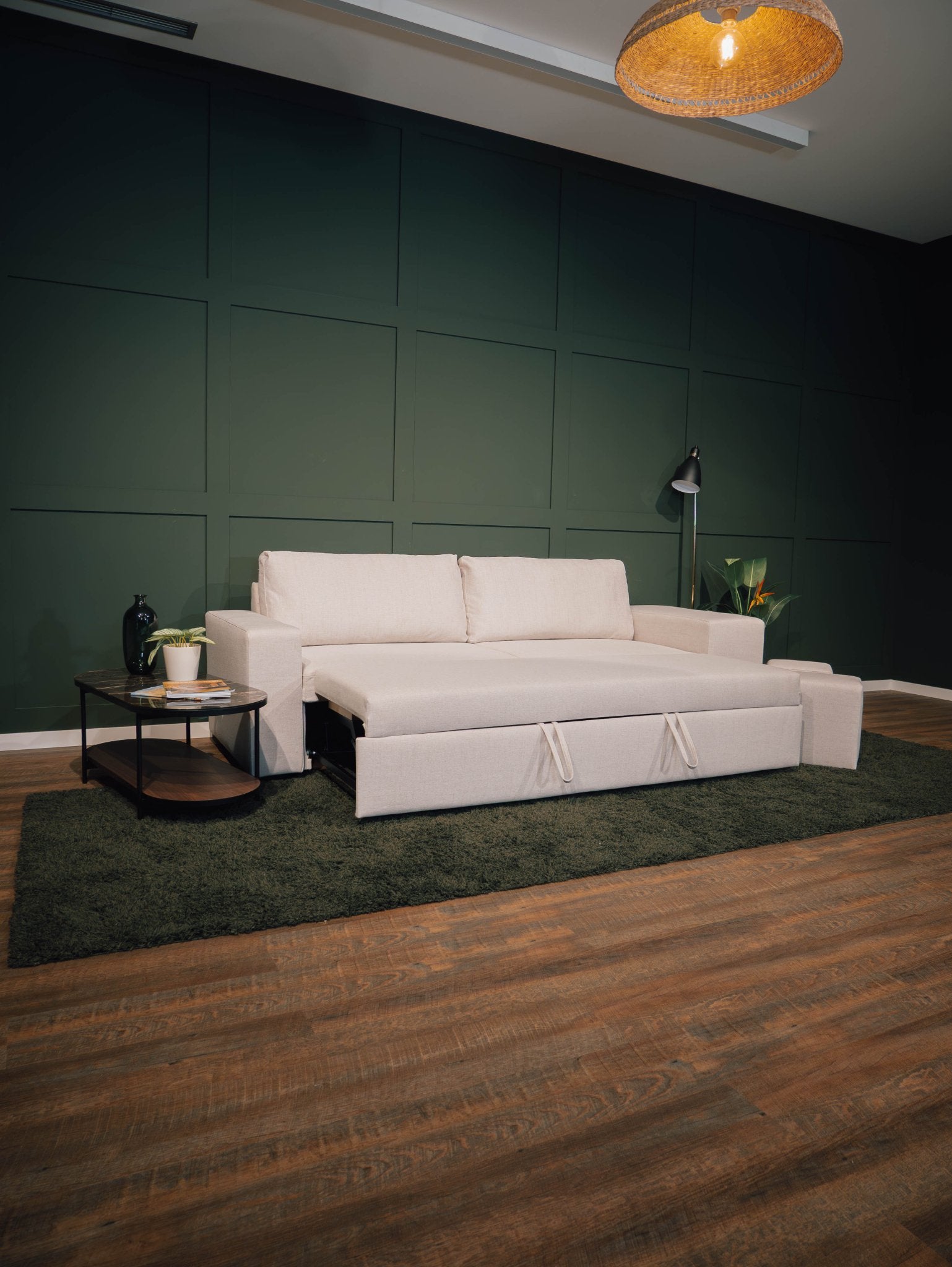 Sofá cama com 2 pufes bege AVERY - Gato Preto