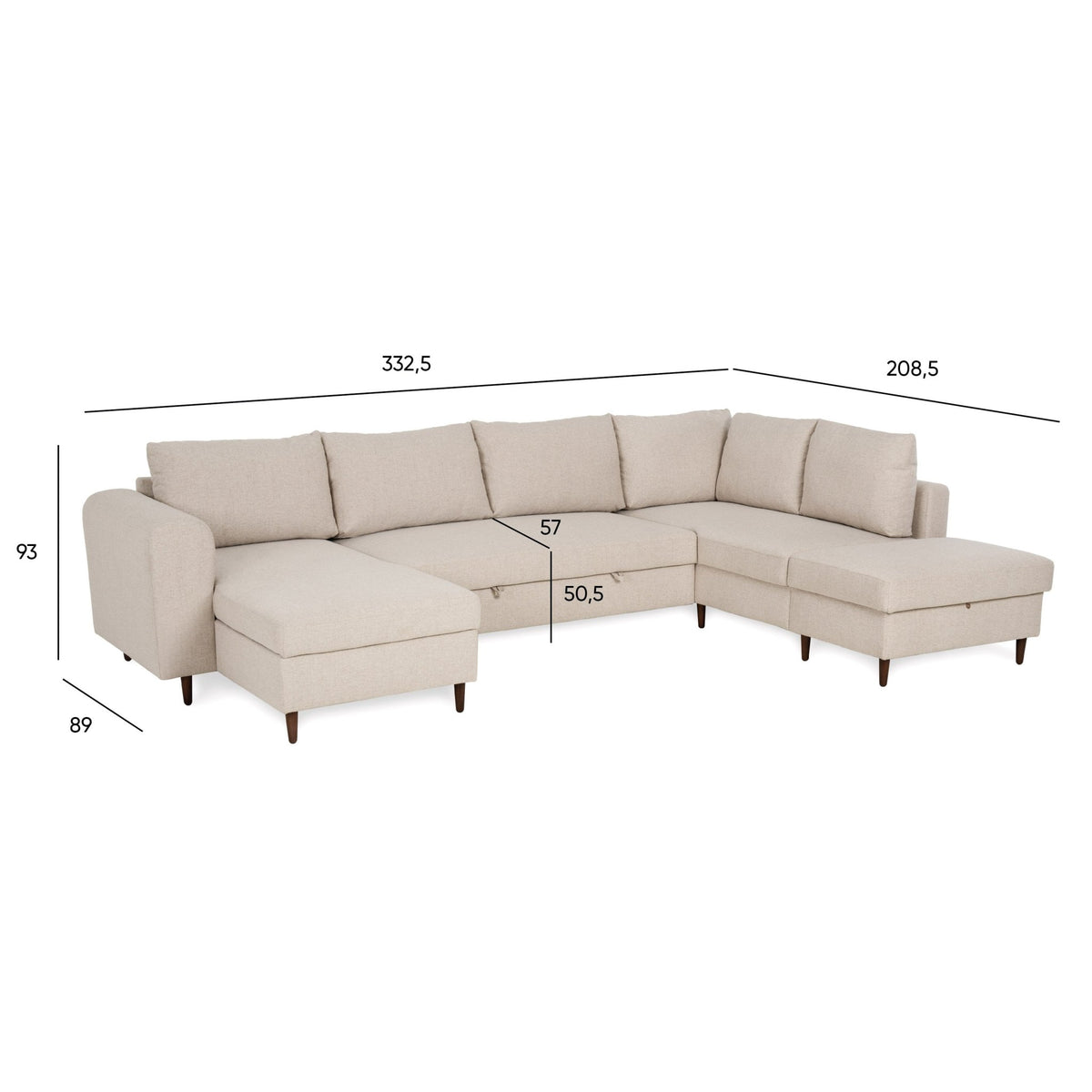Sofá Cama com Chaise Longue à Direita e Pufe à Esquerda Bege CRAIG - Gato Preto