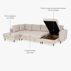 Sofá Cama com Chaise Longue à Direita e Pufe à Esquerda Bege CRAIG - Gato Preto