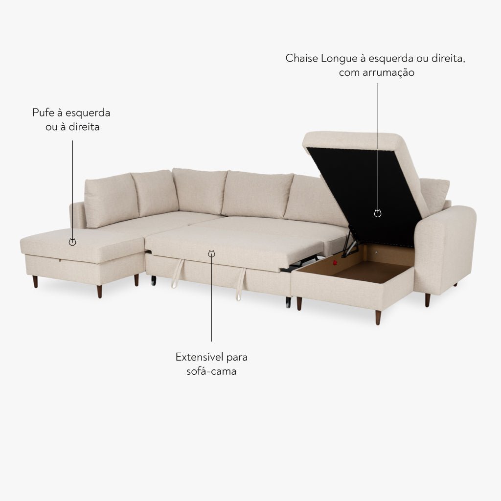 Sofá Cama com Chaise Longue à Direita e Pufe à Esquerda Bege CRAIG - Gato Preto
