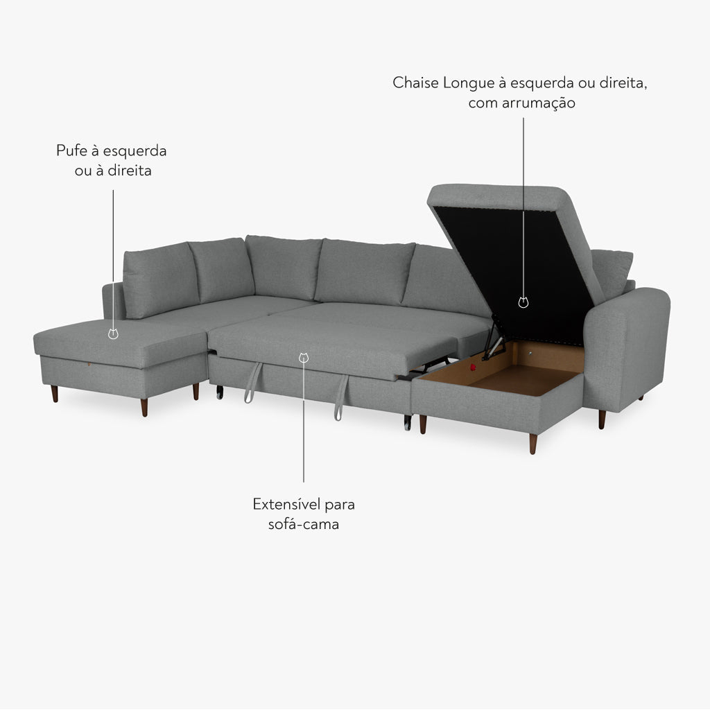 Sofá Cama com Chaise Longue à Direita e Pufe à Esquerda Cinza CRAIG - Gato Preto
