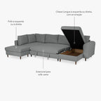 Sofá Cama com Chaise Longue à Direita e Pufe à Esquerda Cinza CRAIG - Gato Preto