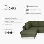 Sofá Cama com Chaise Longue à Direita e Pufe à Esquerda Cinza CRAIG - Gato Preto