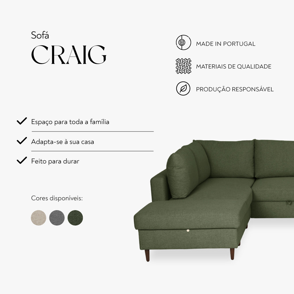 Sofá Cama com Chaise Longue à Direita e Pufe à Esquerda Cinza CRAIG - Gato Preto