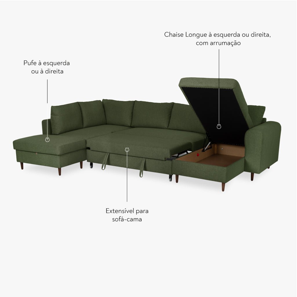 Sofá Cama com Chaise Longue à Direita e Pufe à Esquerda Verde CRAIG - Gato Preto