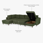 Sofá Cama com Chaise Longue à Direita e Pufe à Esquerda Verde CRAIG - Gato Preto