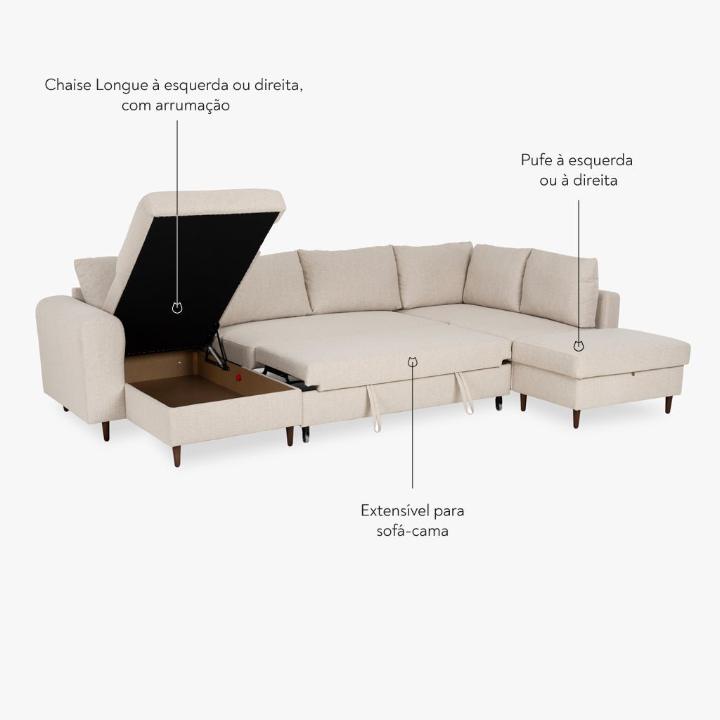 Sofá Cama com Chaise Longue à Esquerda e Pufe à Direita Bege CRAIG - Gato Preto