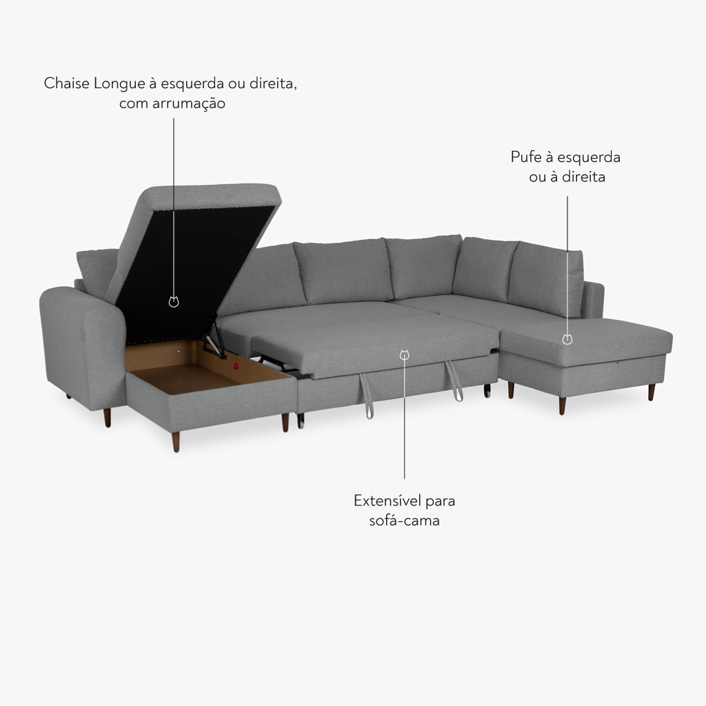 Sofá Cama com Chaise Longue à Esquerda e Pufe à Direita Cinza CRAIG - Gato Preto