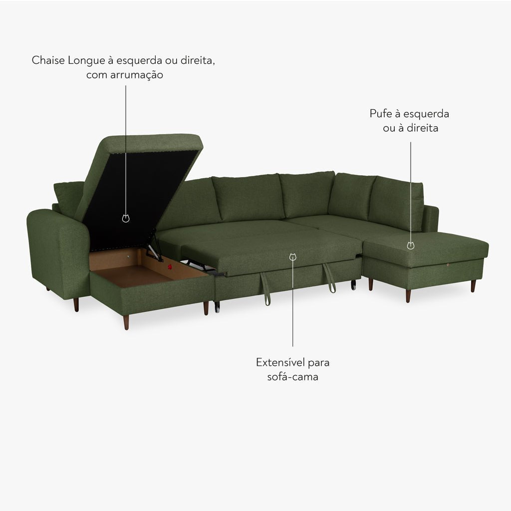 Sofá Cama com Chaise Longue à Esquerda e Pufe à Direita Verde CRAIG - Gato Preto