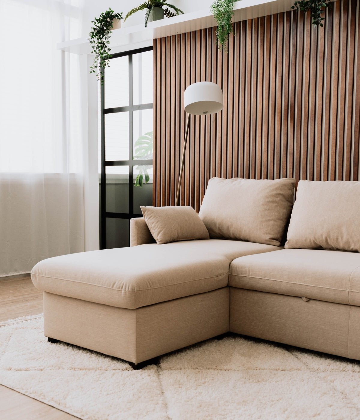 Sofá cama com chaise longue e arrumação bege ORLANDO - Gato Preto