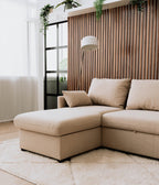 Sofá cama com chaise longue e arrumação bege ORLANDO - Gato Preto