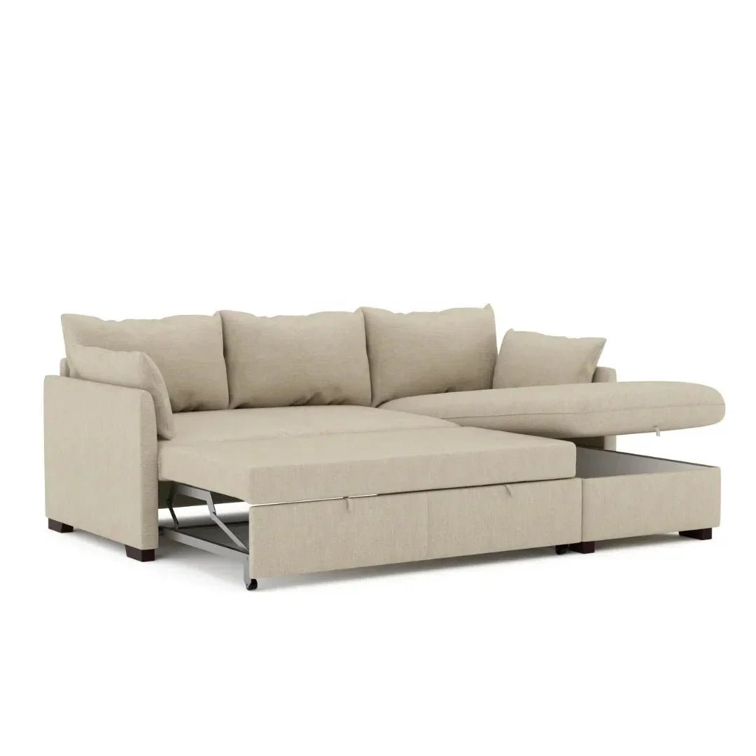 Sofá cama com chaise longue e arrumação bege ORLANDO - Gato Preto