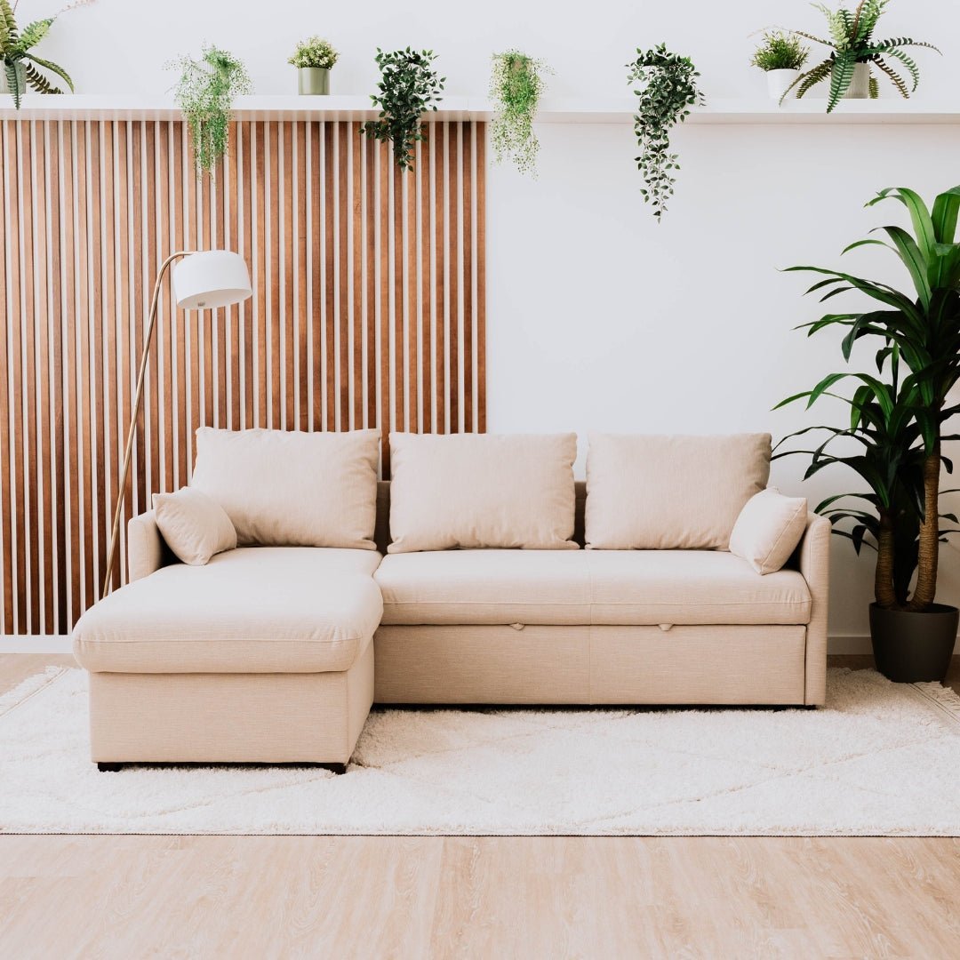 Sofá cama com chaise longue e arrumação bege ORLANDO - Gato Preto