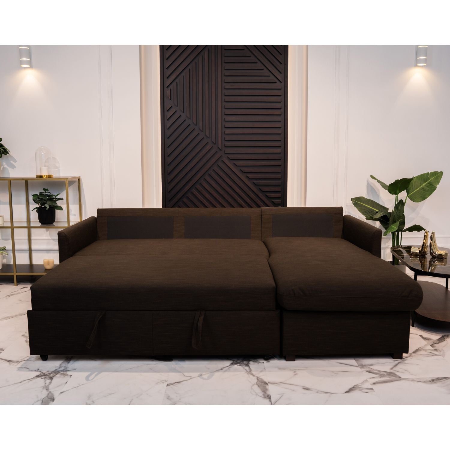 Sofá cama com chaise longue e arrumação castanho ORLANDO - Gato Preto