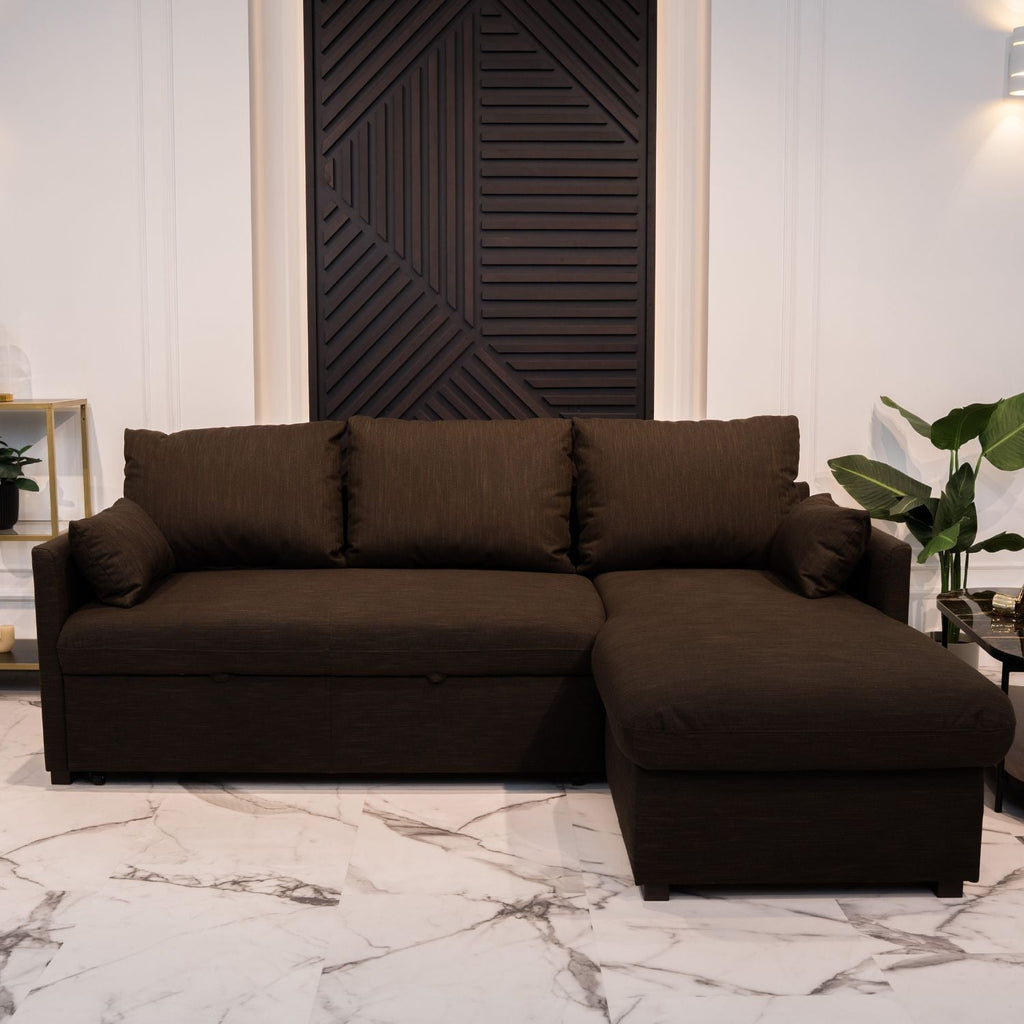 Sofá cama com chaise longue e arrumação castanho ORLANDO - Gato Preto