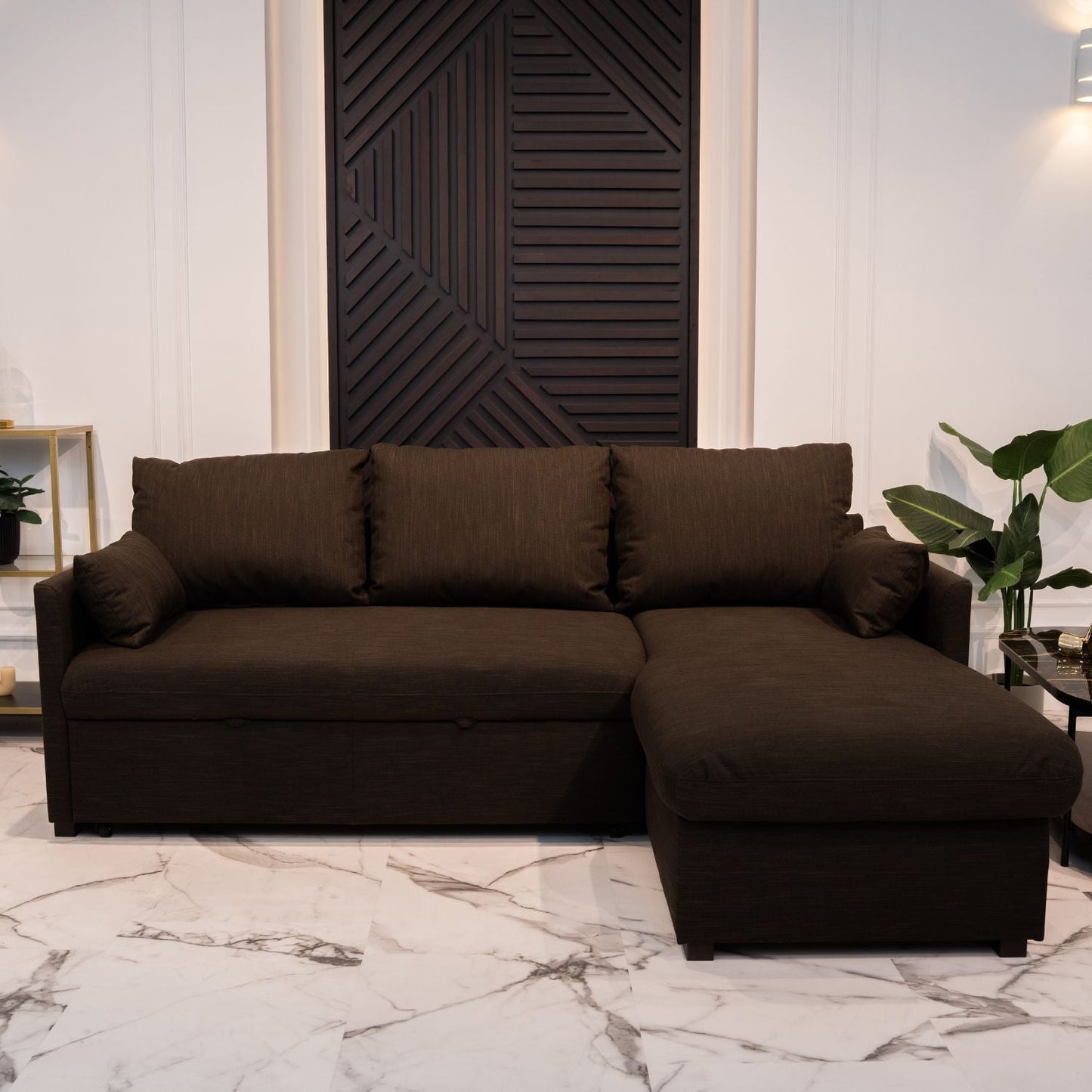 Sofá cama com chaise longue e arrumação castanho ORLANDO - Gato Preto