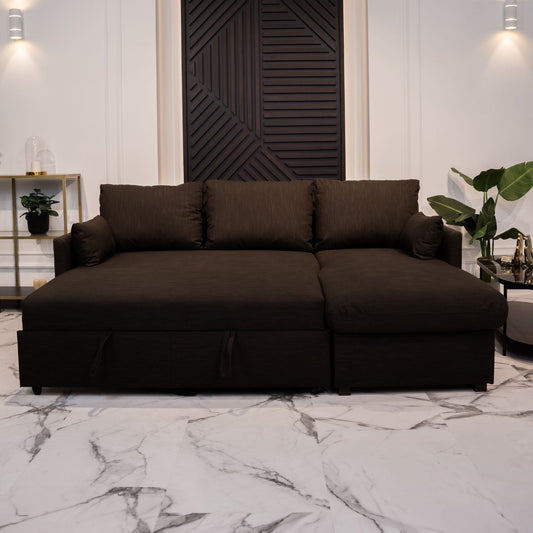 Sofá cama com chaise longue e arrumação castanho ORLANDO - Gato Preto