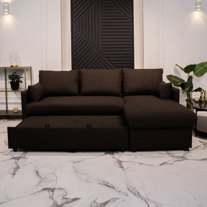 Sofá cama com chaise longue e arrumação castanho ORLANDO - Gato Preto
