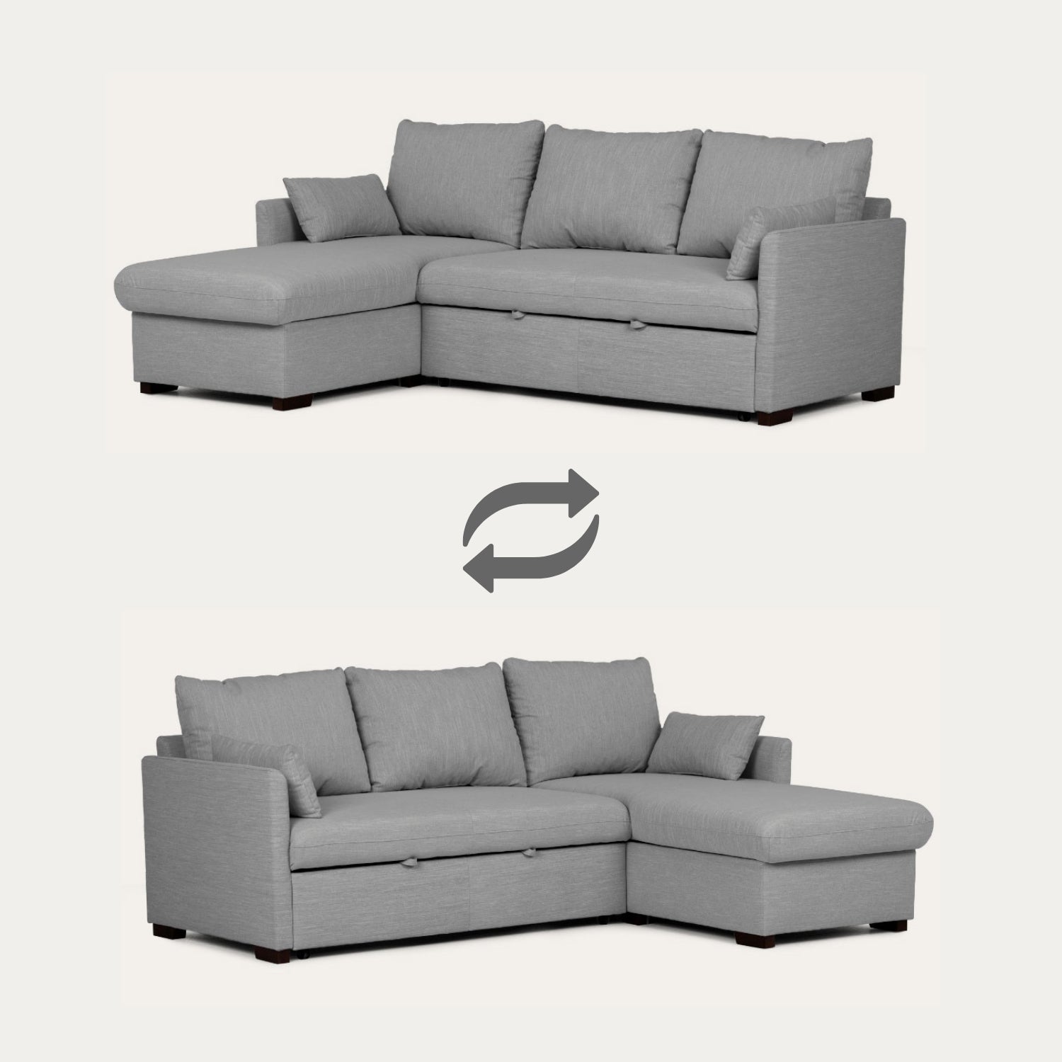 Sofá cama com chaise longue e arrumação cinza ORLANDO - Gato Preto