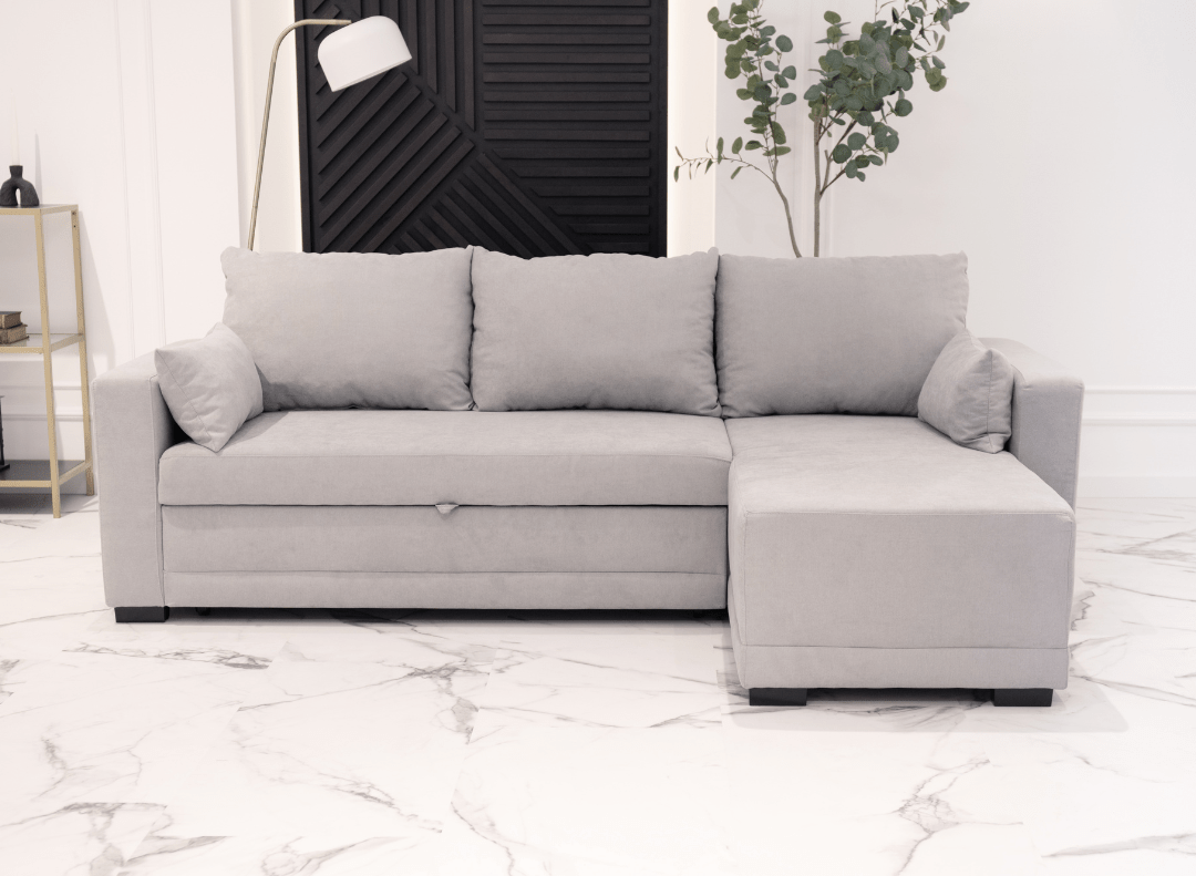 Sofá cama com chaise longue reversível cinza claro LEAH - Gato Preto