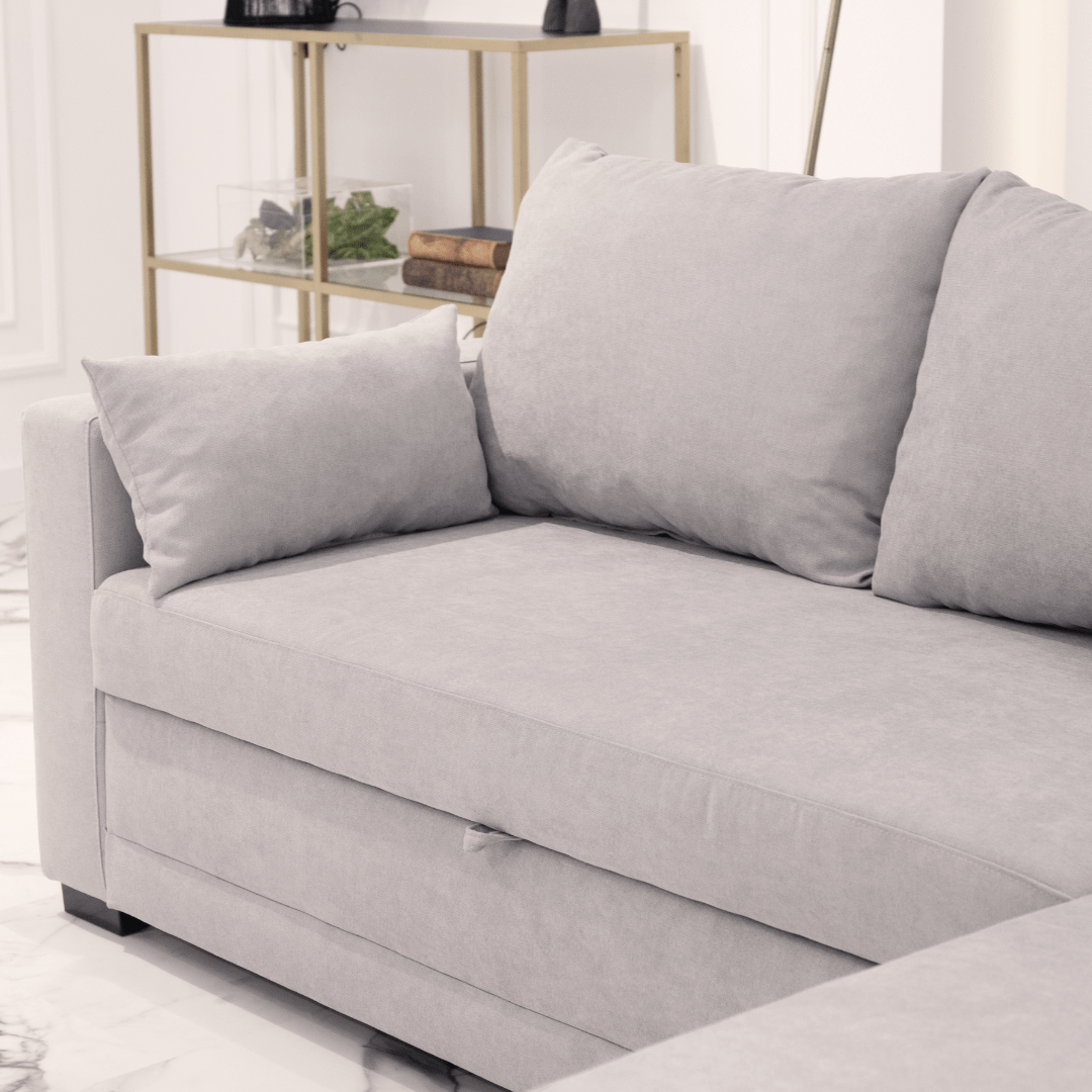 Sofá cama com chaise longue reversível cinza claro LEAH - Gato Preto