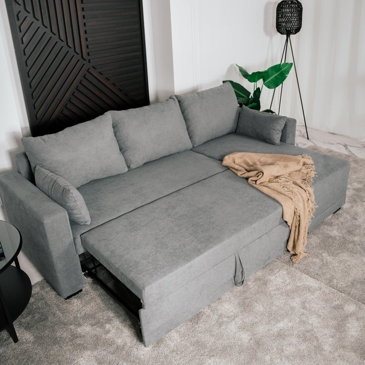 Sofá cama com chaise longue reversível cinza escuro LEAH - Gato Preto