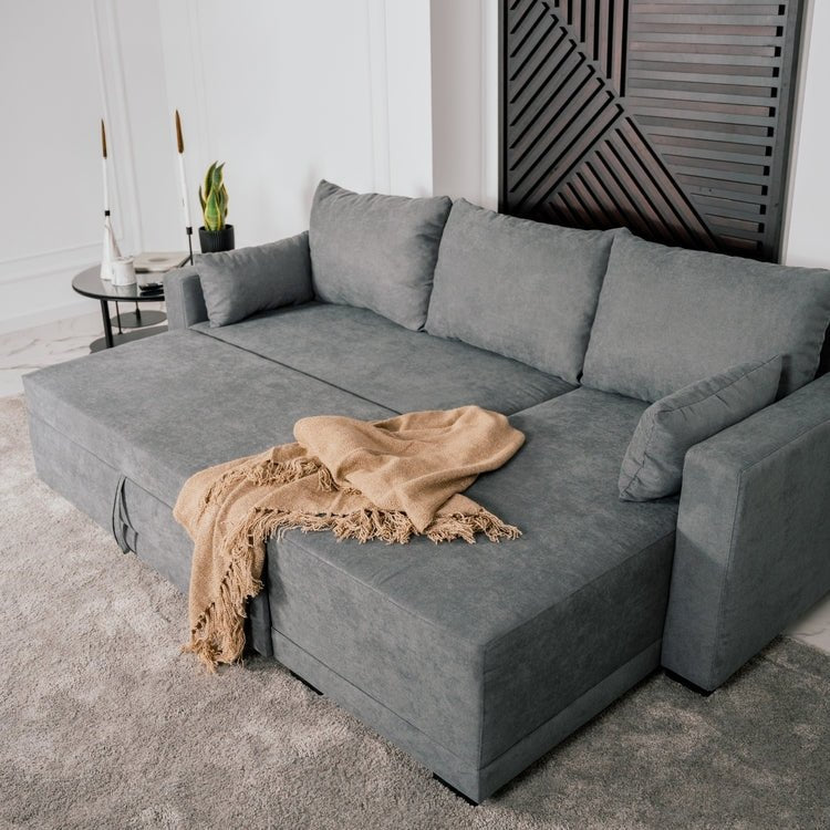 Sofá cama com chaise longue reversível cinza escuro LEAH - Gato Preto