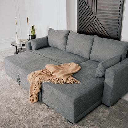 Sofá cama com chaise longue reversível cinza escuro LEAH - Gato Preto