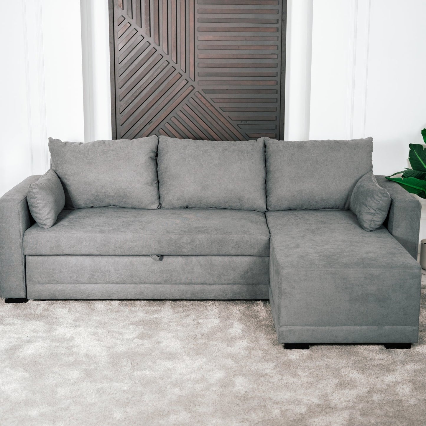 Sofá cama com chaise longue reversível cinza escuro LEAH - Gato Preto