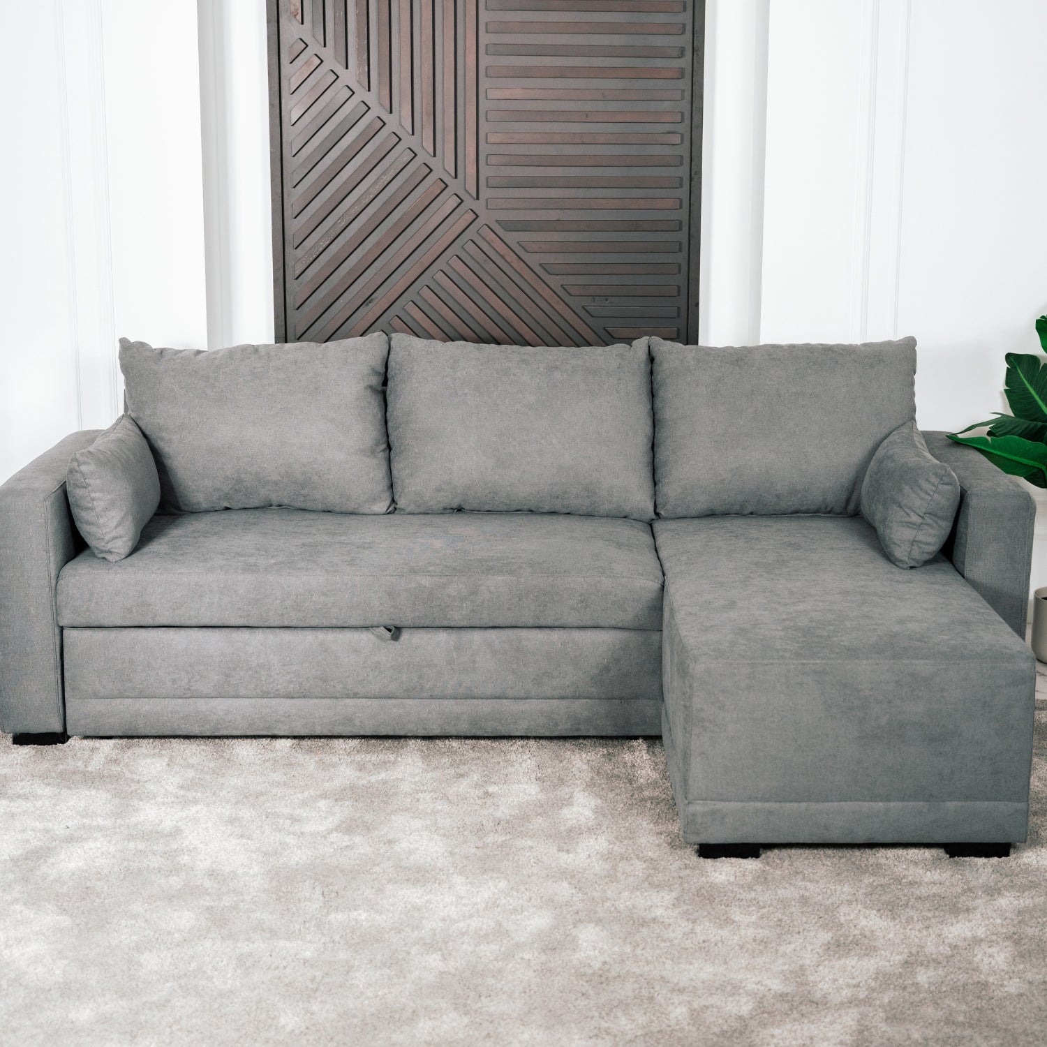 Sofá cama com chaise longue reversível cinza escuro LEAH - Gato Preto