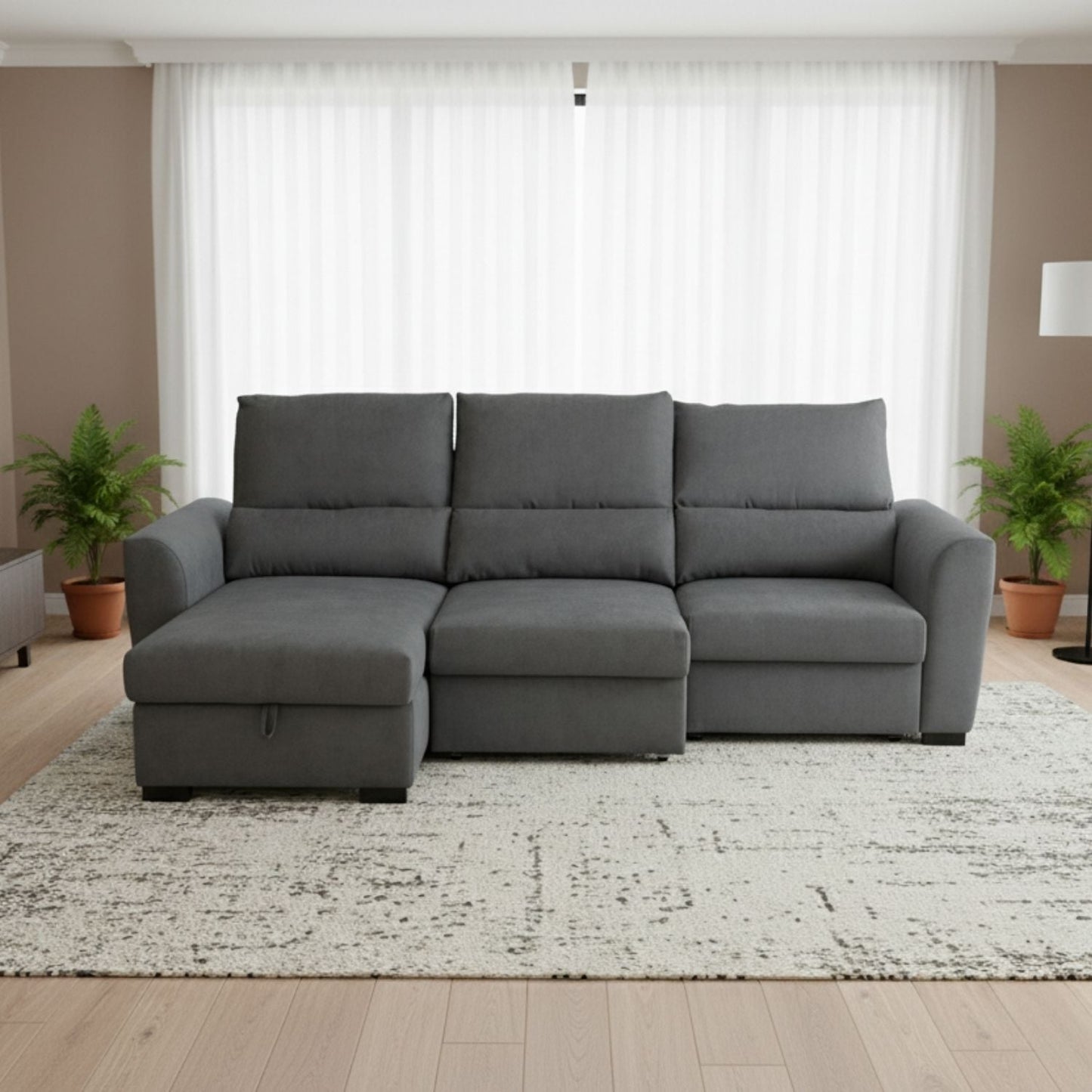 Sofá cama com chaise longue reversível cinza OLIVER - Gato Preto