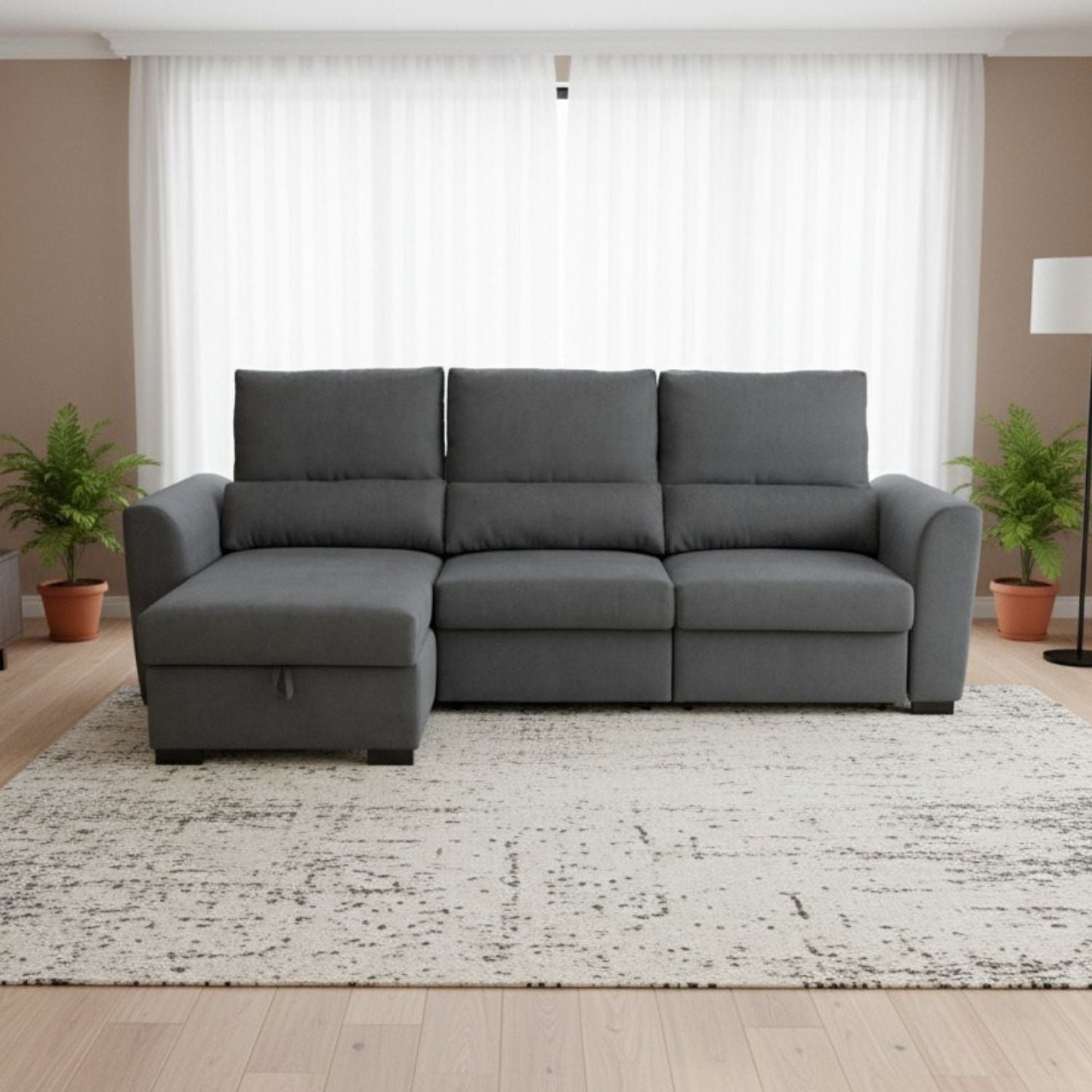 Sofá cama com chaise longue reversível cinza OLIVER - Gato Preto