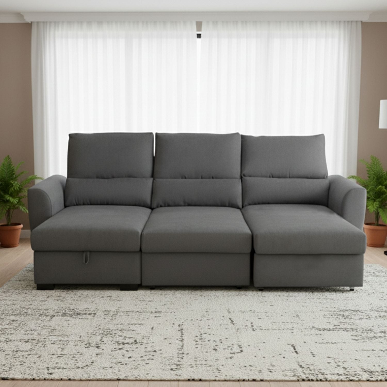 Sofá cama com chaise longue reversível cinza OLIVER - Gato Preto