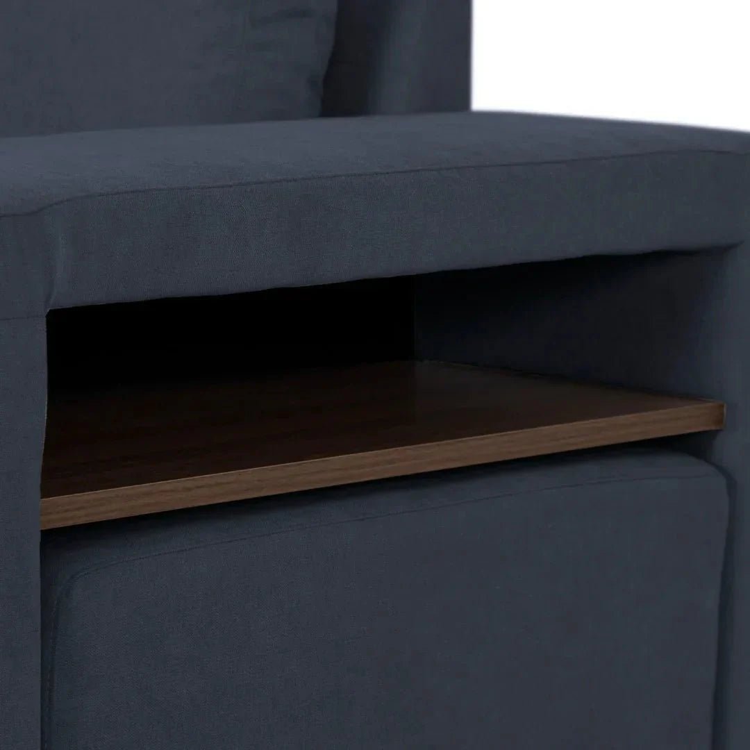 Sofá cama com chaise longue reversível e arrumação prateleira e puff azul JUAN - Gato Preto