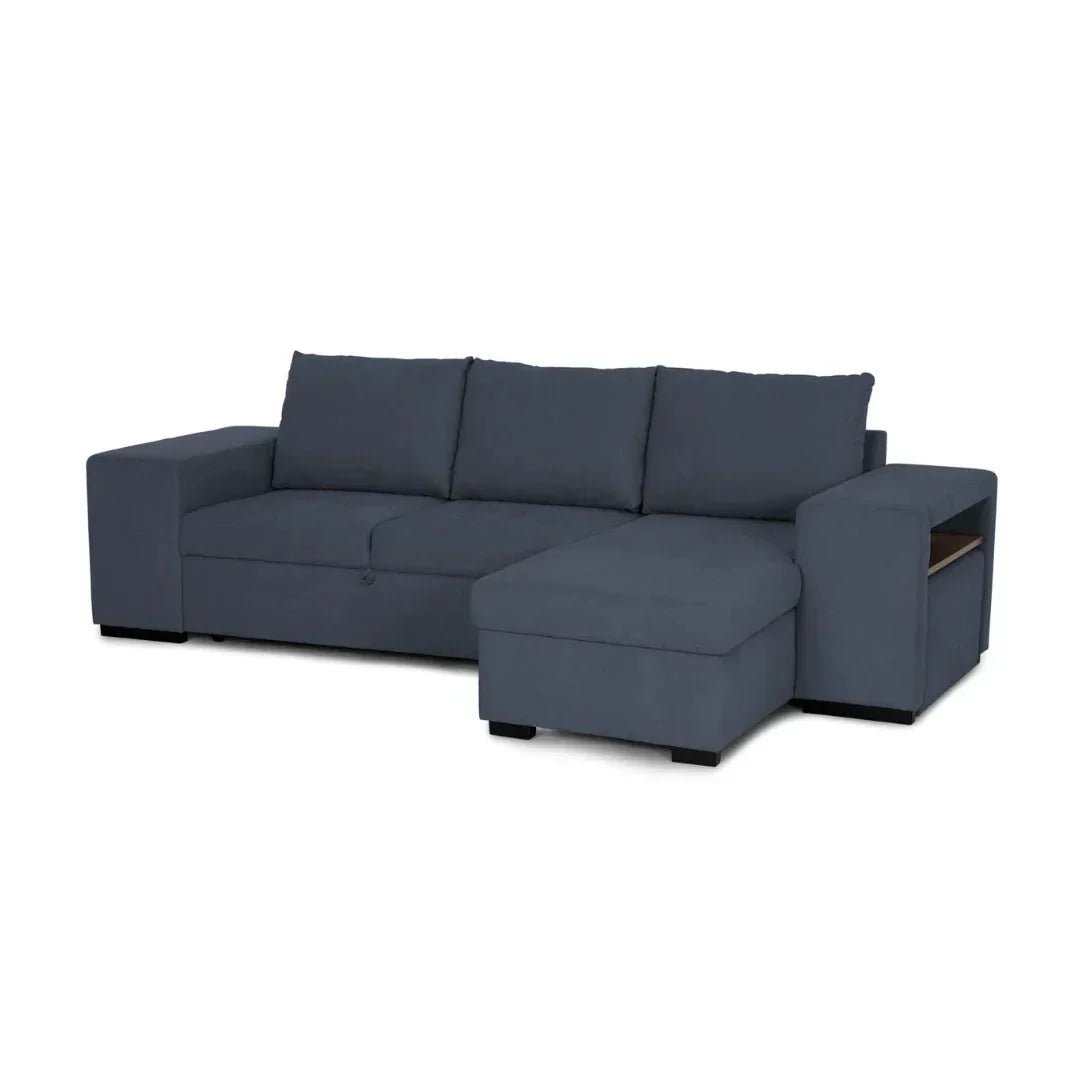 Sofá cama com chaise longue reversível e arrumação prateleira e puff azul JUAN - Gato Preto
