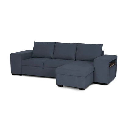 Sofá cama com chaise longue reversível e arrumação prateleira e puff azul JUAN - Gato Preto