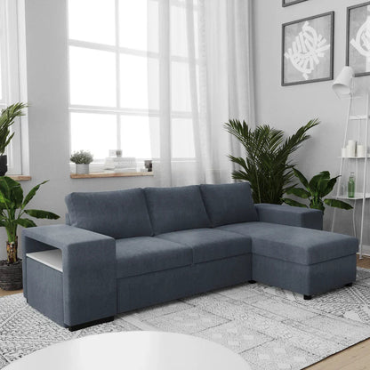 Sofá cama com chaise longue reversível e arrumação prateleira e puff azul JUAN - Gato Preto