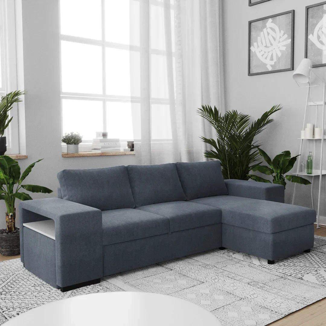 Sofá cama com chaise longue reversível e arrumação prateleira e puff azul JUAN - Gato Preto