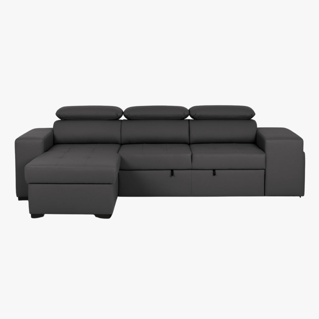Sofá - Cama com Chaise Longue Reversível e Cabeceiras Ajustáveis Cinza Escuro JOHN - Gato Preto